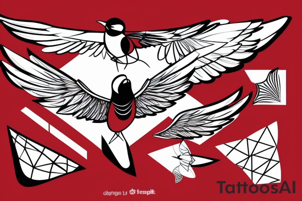 sketch geometric abstract style robin bird mid-flight with spread wings, dynamic, small amount of red accent tattoo idea