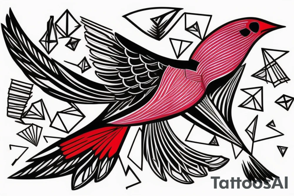 sketch geometric abstract style robin bird mid-flight with spread wings, dynamic, small amount of red accent tattoo idea