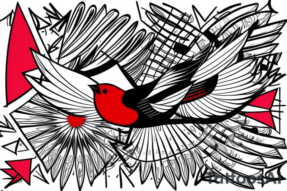sketch geometric abstract style robin bird mid-flight with spread wings, dynamic, small amount of red accent tattoo idea