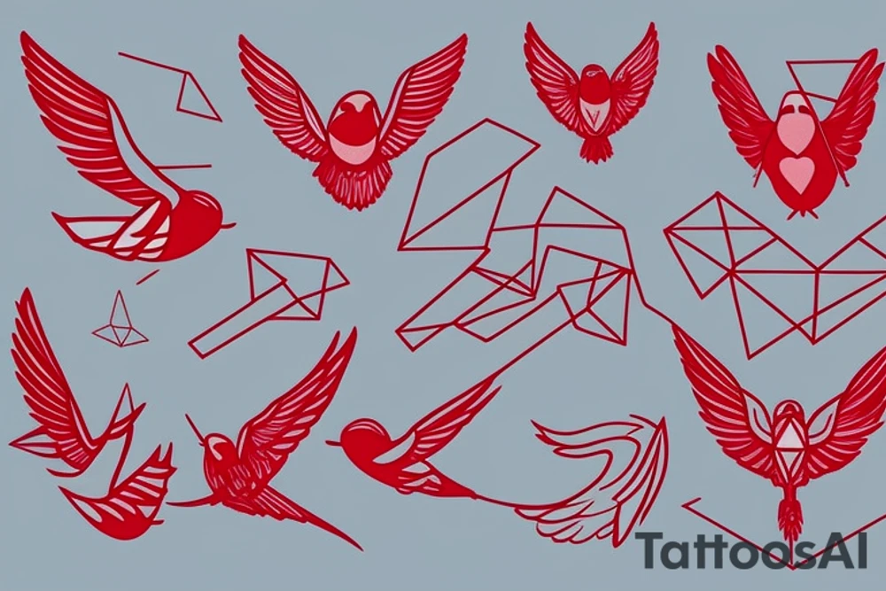 sketch geometric abstract style robin bird mid-flight with spread wings, dynamic, small amount of red accent tattoo idea