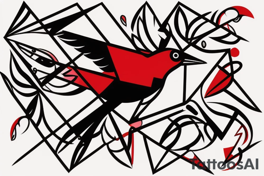 sketch geometric abstract style robin bird mid-flight with spread wings, dynamic, small amount of red accent tattoo idea