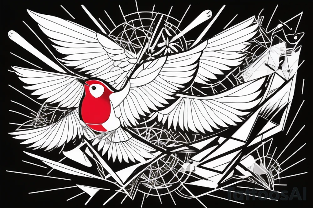 sketch geometric abstract style robin bird mid-flight with spread wings, dynamic, small amount of red accent tattoo idea