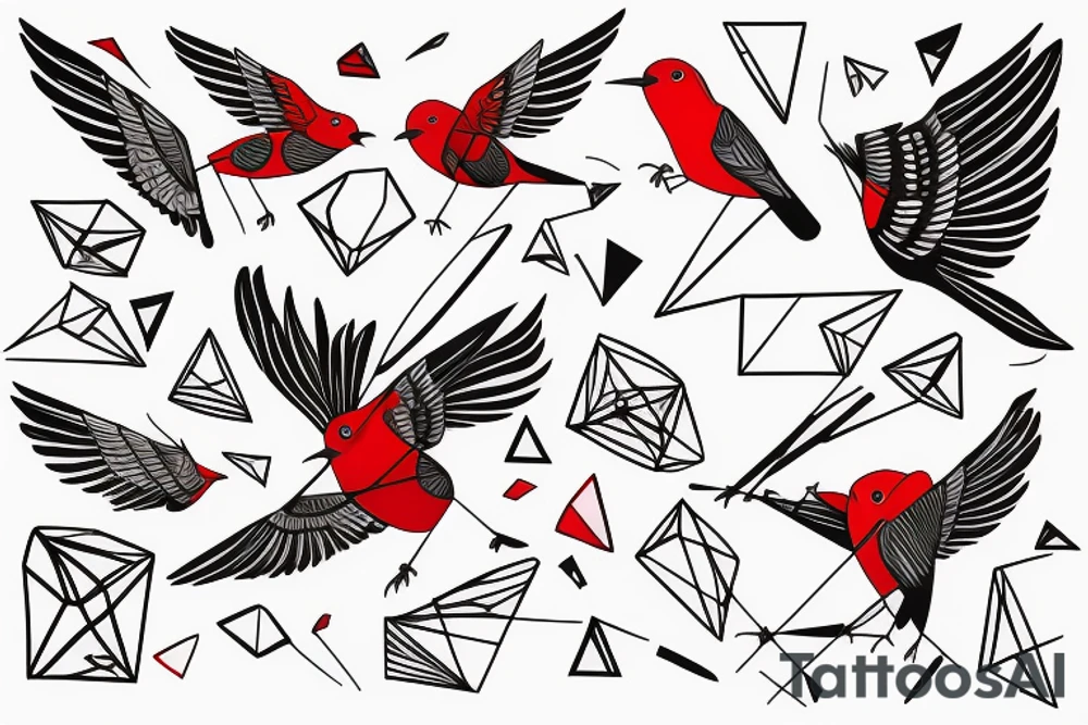 sketch geometric abstract style robin bird mid-flight with spread wings, dynamic, small amount of red accent tattoo idea