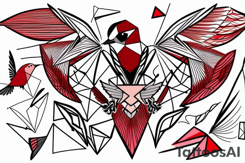 sketch geometric abstract style robin bird mid-flight with spread wings, dynamic, small amount of red accent tattoo idea
