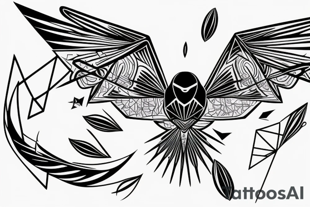 sketch geometric abstract style robin bird mid-flight with spread wings, dynamic, small amount of red accent tattoo idea