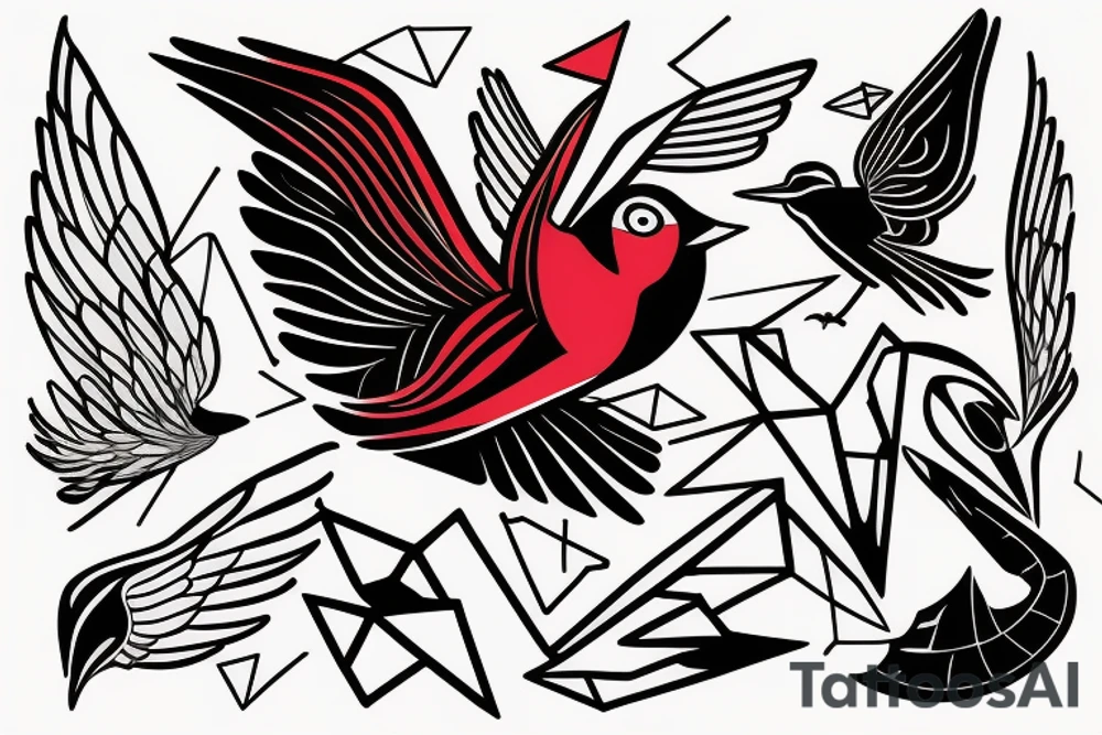 sketch geometric abstract style robin bird mid-flight with spread wings, dynamic, small amount of red accent tattoo idea
