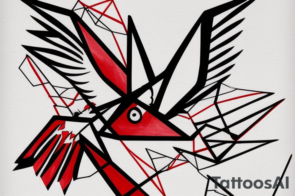 sketch geometric abstract style robin bird mid-flight with spread wings, dynamic, small amount of red accent tattoo idea