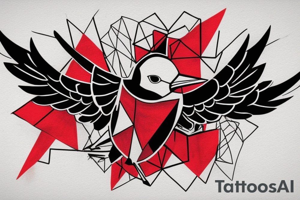 sketch geometric abstract style robin bird mid-flight with spread wings, dynamic, small amount of red accent tattoo idea