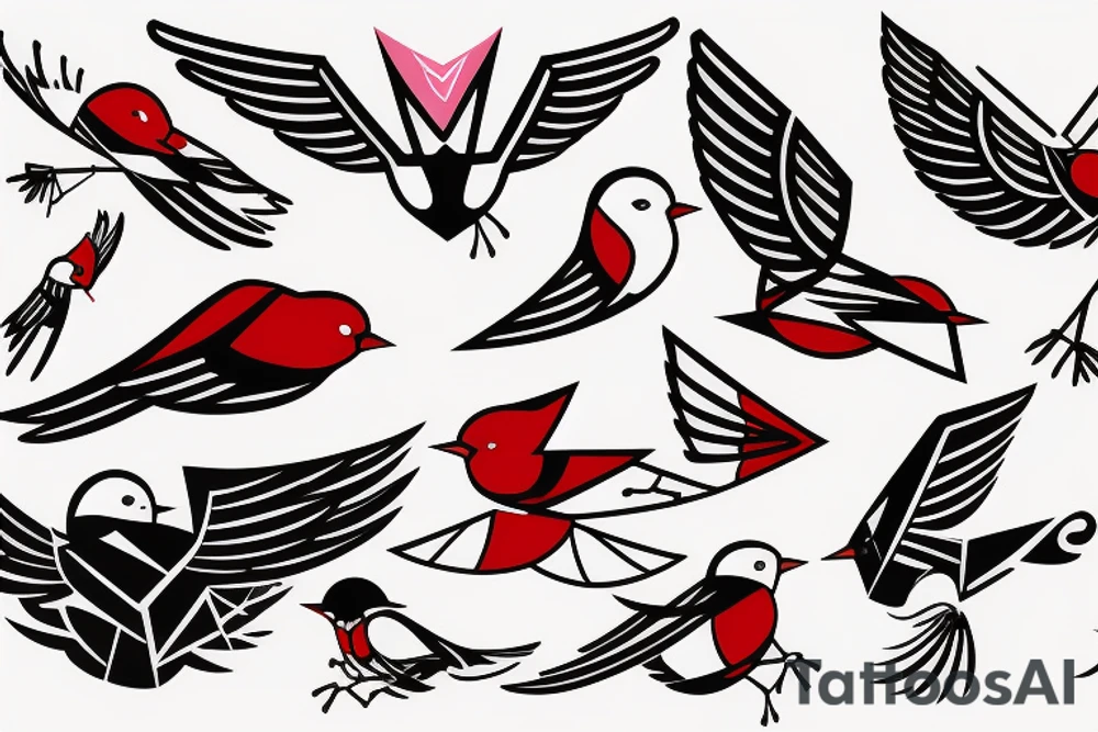 sketch geometric abstract style robin bird mid-flight with spread wings, dynamic, small amount of red accent tattoo idea