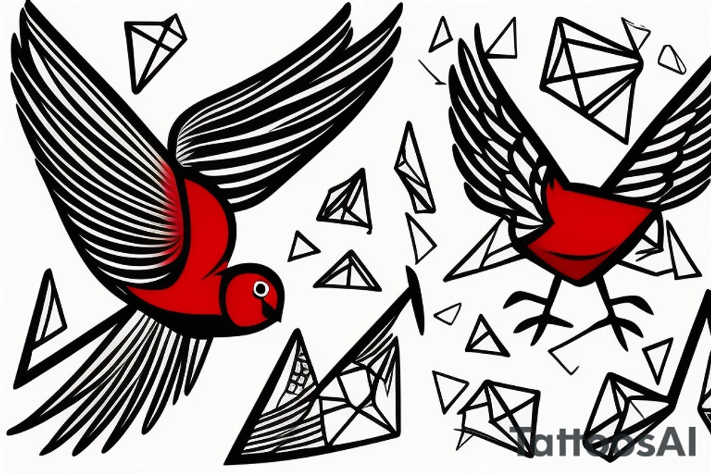 sketch geometric abstract style robin bird mid-flight with spread wings, dynamic, small amount of red accent tattoo idea