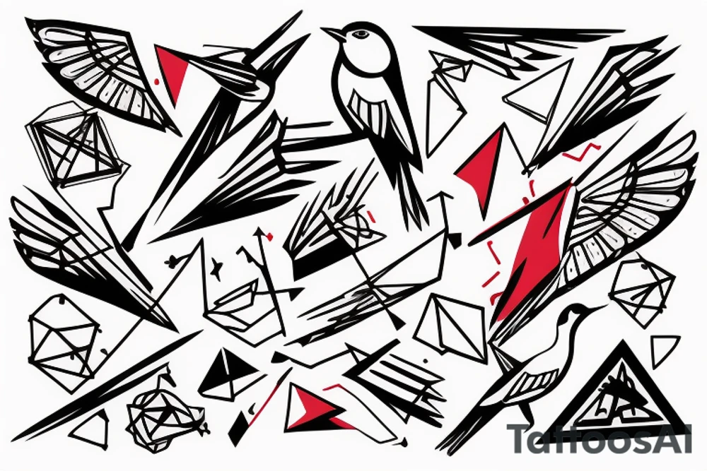 sketch geometric abstract style robin bird mid-flight with spread wings, dynamic, small amount of red accent tattoo idea