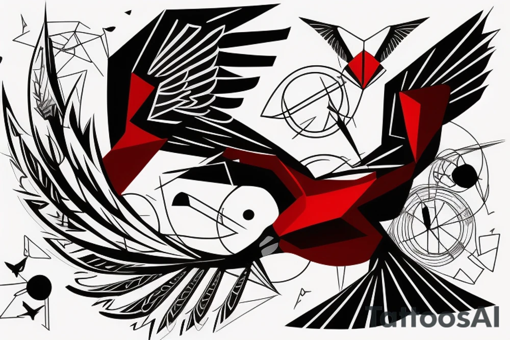 sketch geometric abstract style robin bird mid-flight with spread wings, dynamic, small amount of red accent tattoo idea