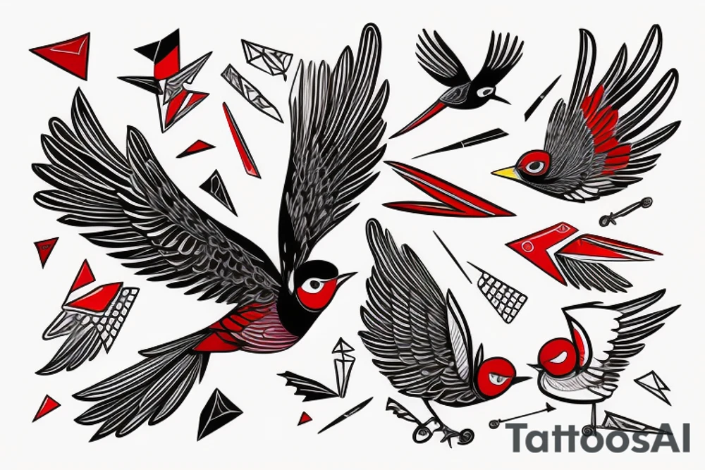 sketch geometric abstract style robin bird mid-flight with spread wings, dynamic, small amount of red accent tattoo idea