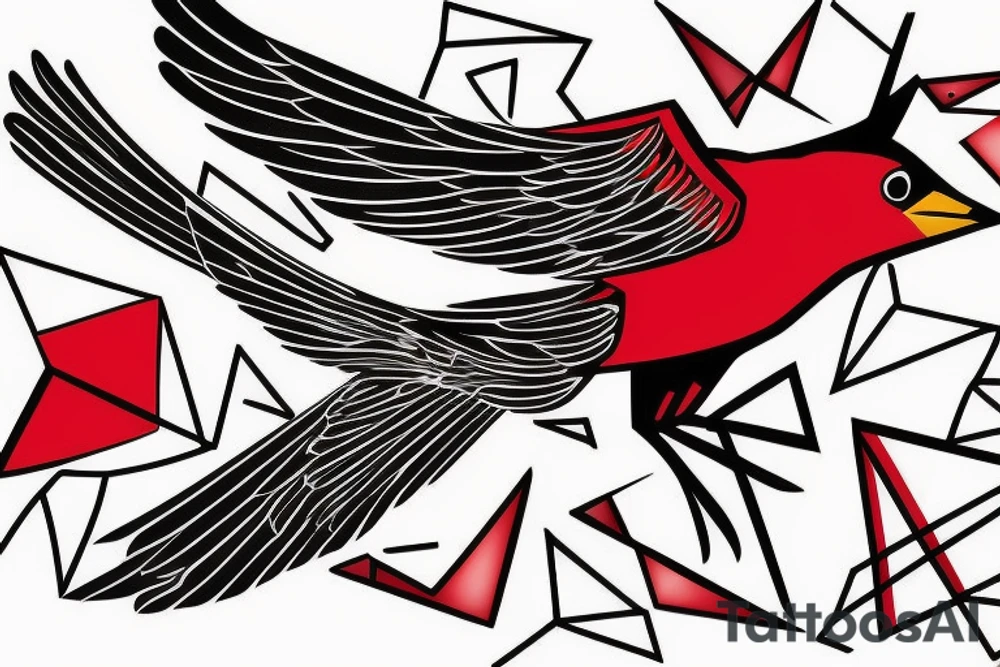 sketch geometric abstract style robin bird mid-flight with spread wings, dynamic, small amount of red accent tattoo idea
