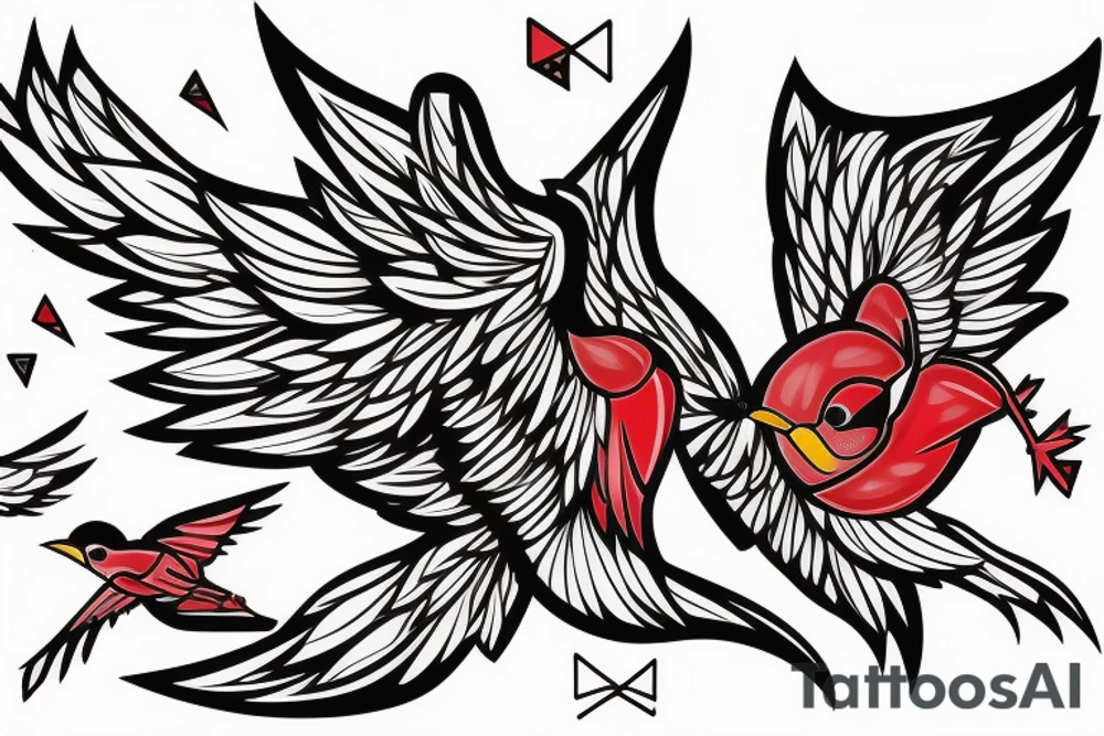 sketch geometric abstract style robin bird mid-flight with spread wings, dynamic, small amount of red accent tattoo idea