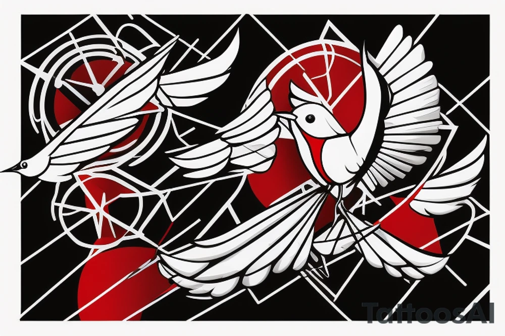 sketch geometric abstract style robin bird mid-flight with spread wings, dynamic, small amount of red accent tattoo idea