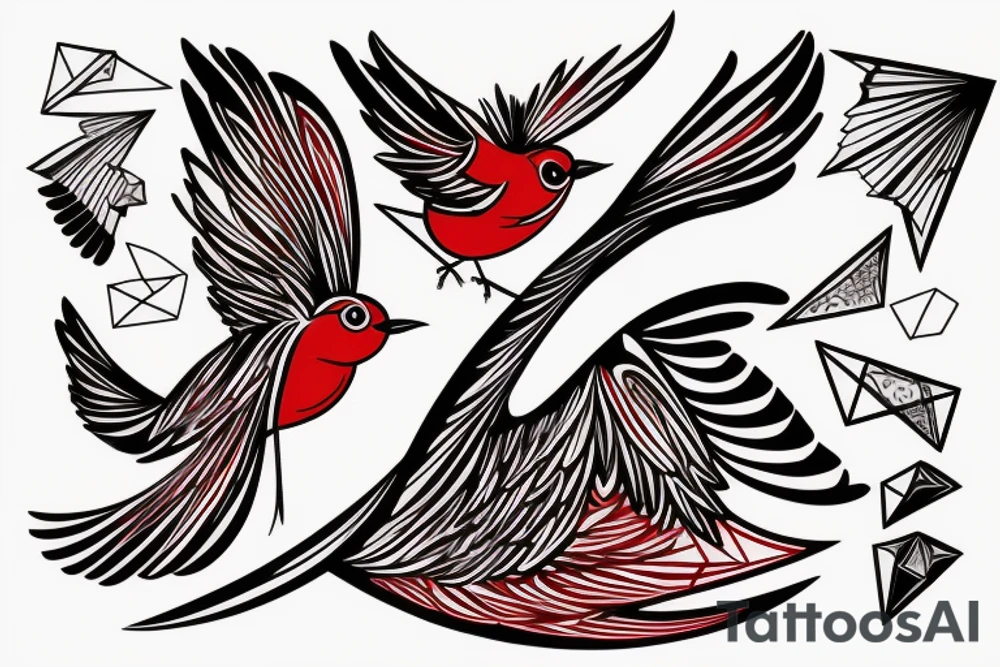 sketch geometric abstract style robin bird mid-flight with spread wings, dynamic, small amount of red accent tattoo idea