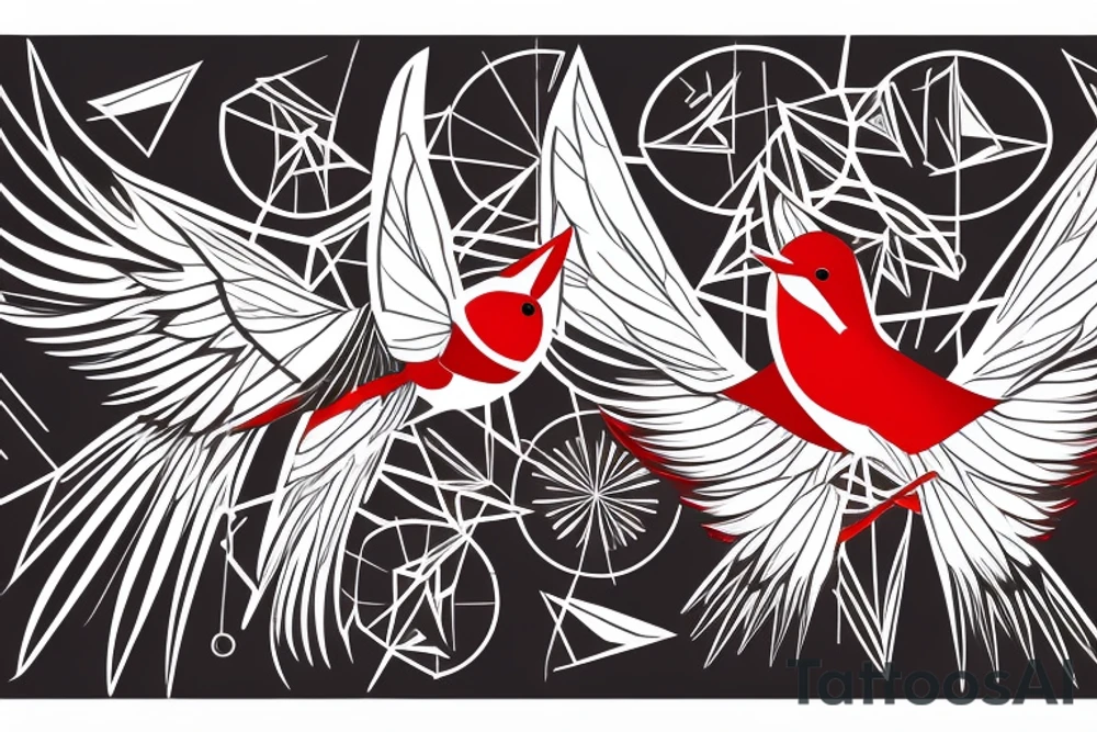sketch geometric abstract style robin bird mid-flight with spread wings, dynamic, small amount of red accent tattoo idea