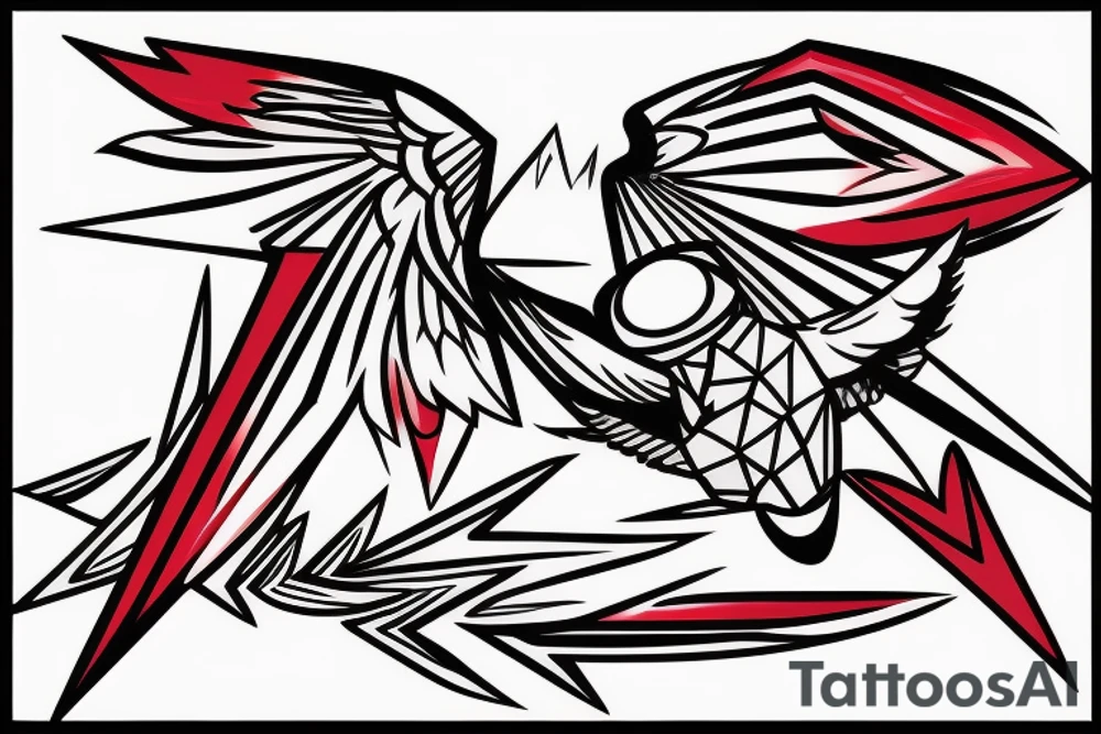 sketch geometric abstract style robin bird mid-flight with spread wings, dynamic, small amount of red accent tattoo idea