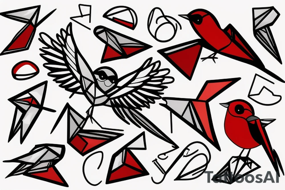sketch geometric abstract style robin bird mid-flight with spread wings, dynamic, small amount of red accent tattoo idea