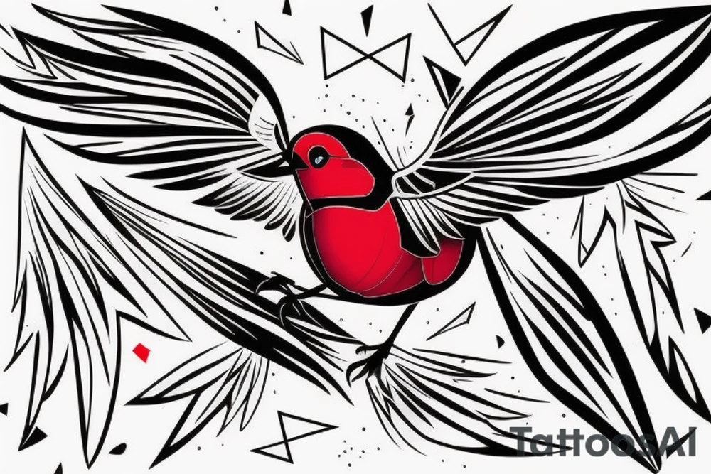 sketch geometric abstract style robin bird mid-flight with spread wings, dynamic, small amount of red accent tattoo idea