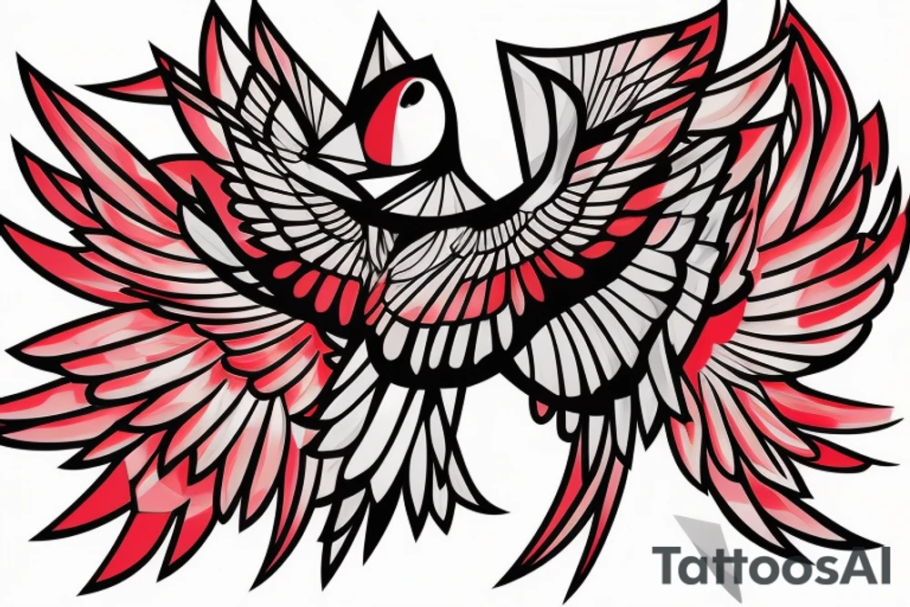 sketch geometric abstract style robin bird mid-flight with spread wings, dynamic, small amount of red accent tattoo idea