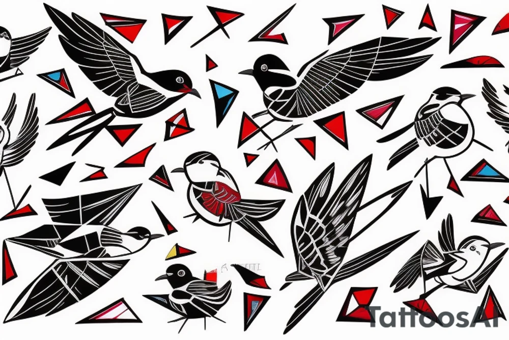 sketch geometric abstract style robin bird mid-flight with spread wings, dynamic, small amount of red accent tattoo idea