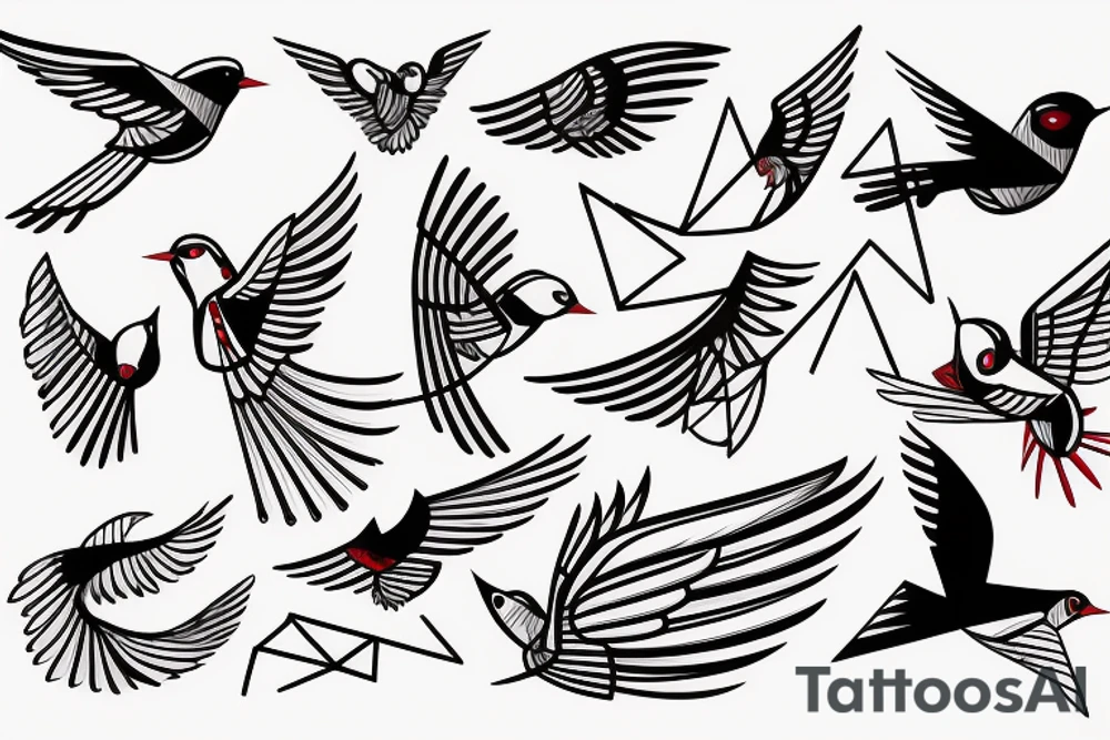 sketch geometric abstract style robin bird mid-flight with spread wings, dynamic, small amount of red accent tattoo idea