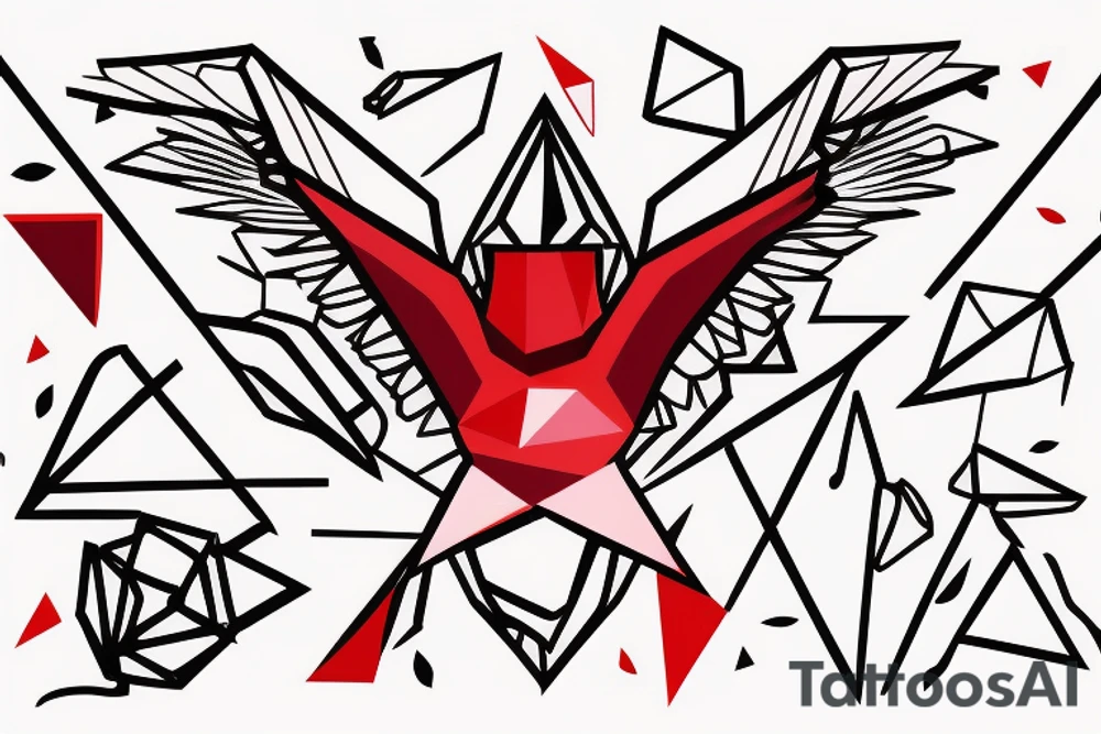 sketch geometric abstract style robin bird mid-flight with spread wings, dynamic, small amount of red accent tattoo idea