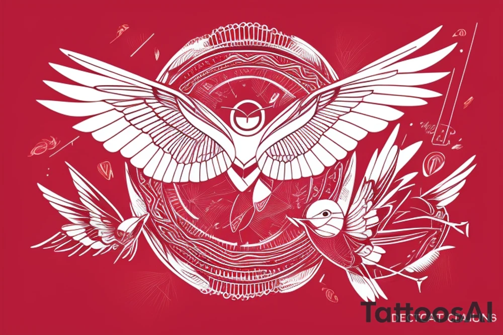 sketch geometric abstract style robin bird mid-flight with spread wings, dynamic, small amount of red accent tattoo idea