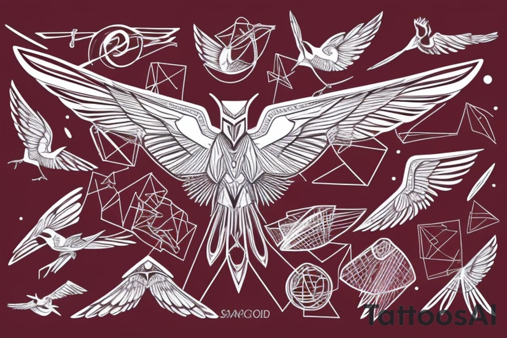 sketch geometric abstract style robin bird mid-flight with spread wings, dynamic, small amount of red accent tattoo idea