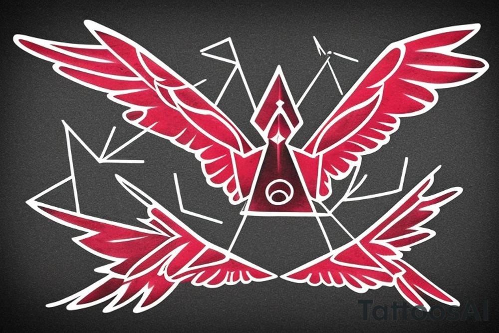 sketch geometric abstract style robin bird mid-flight with spread wings, dynamic, small amount of red accent tattoo idea