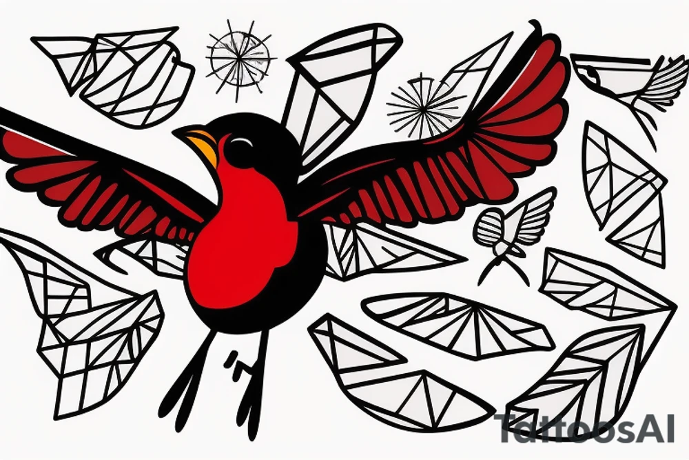 sketch geometric abstract style robin bird mid-flight with spread wings, dynamic, small amount of red accent tattoo idea
