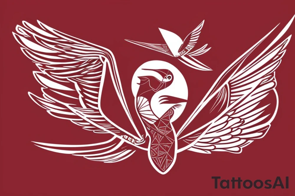 sketch geometric abstract style robin bird mid-flight with spread wings, dynamic, small amount of red accent tattoo idea