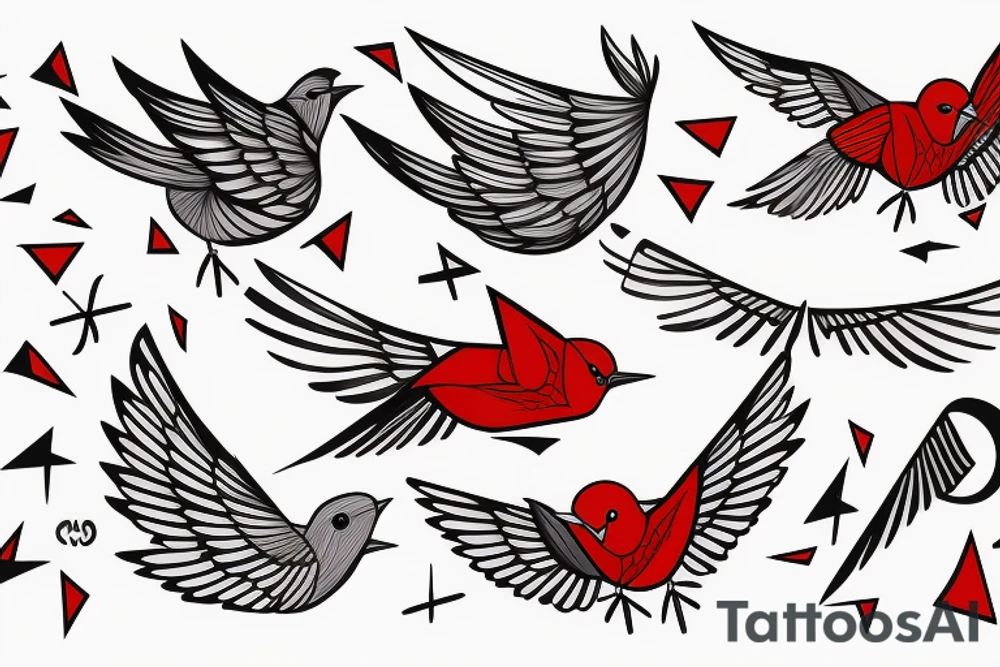 sketch geometric abstract style robin bird mid-flight with spread wings, dynamic, small amount of red accent tattoo idea
