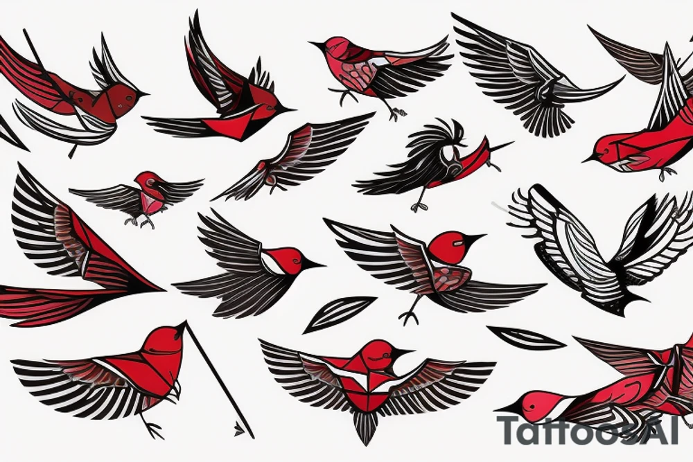 sketch geometric abstract style robin bird mid-flight with spread wings, dynamic, small amount of red accent tattoo idea