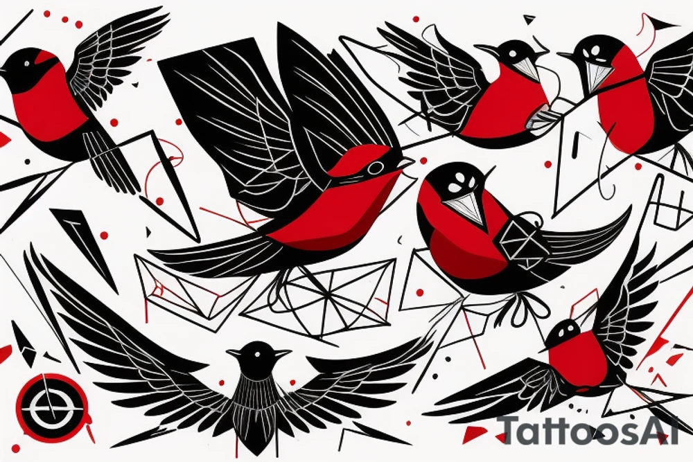 sketch geometric abstract style robin bird mid-flight with spread wings, dynamic, small amount of red accent tattoo idea