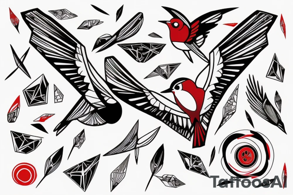 sketch geometric abstract style robin bird mid-flight with spread wings, dynamic, small amount of red accent tattoo idea