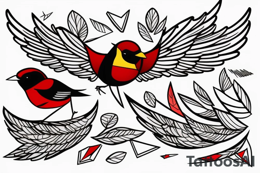 sketch geometric abstract style robin bird mid-flight with spread wings, dynamic, small amount of red accent tattoo idea