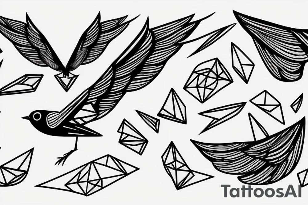 sketch geometric abstract style robin bird mid-flight with spread wings, dynamic, small amount of red accent tattoo idea
