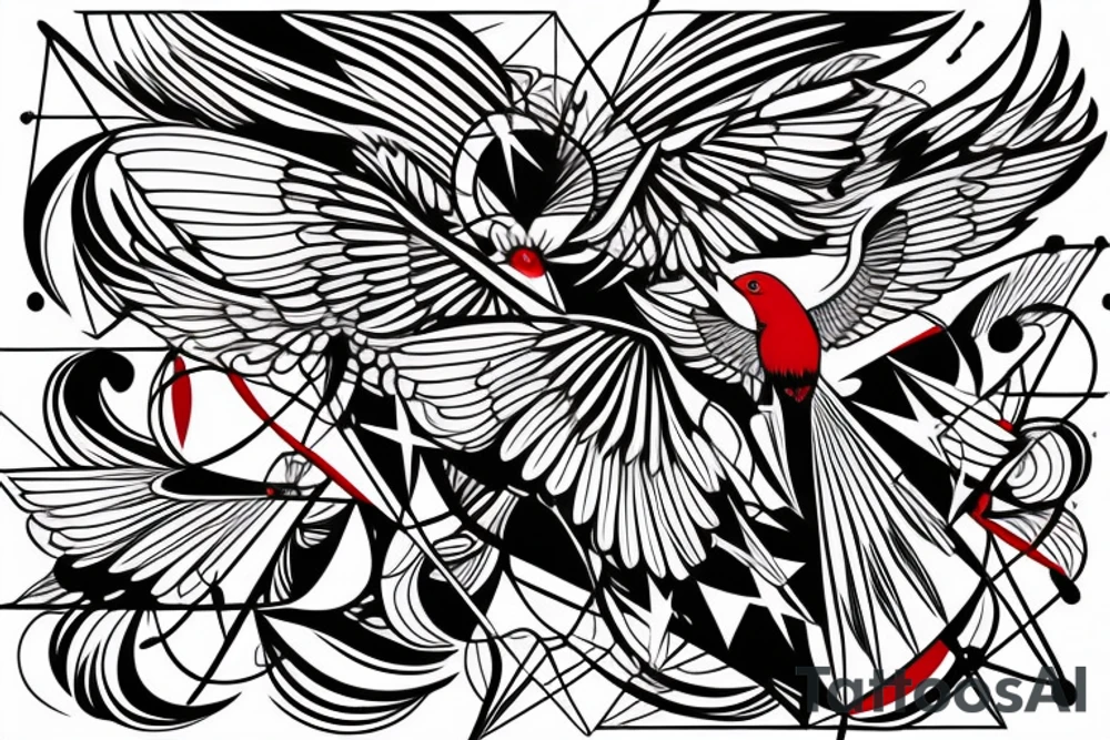 sketch geometric abstract style robin bird mid-flight with spread wings, dynamic, small amount of red accent tattoo idea