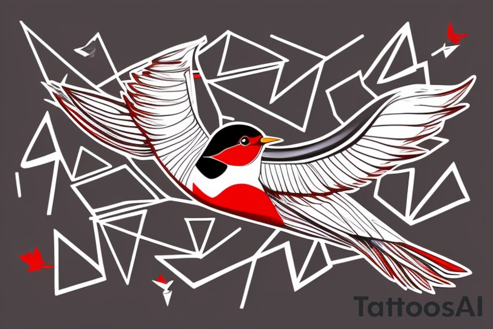 sketch geometric abstract style robin bird mid-flight with spread wings, dynamic, small amount of red accent tattoo idea