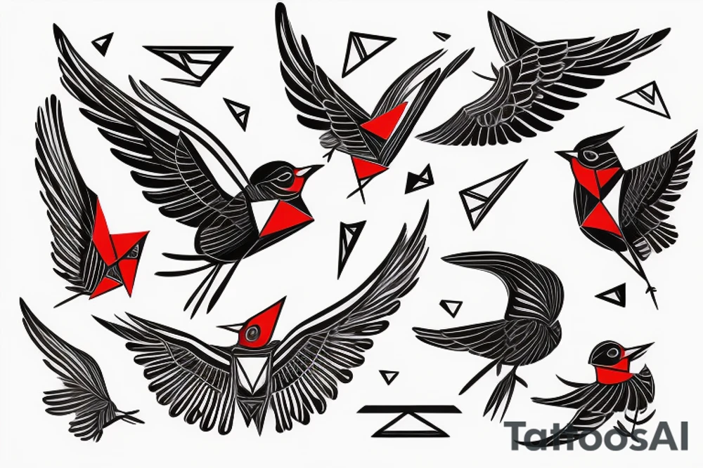 sketch geometric abstract style robin bird mid-flight with spread wings, dynamic, small amount of red accent tattoo idea