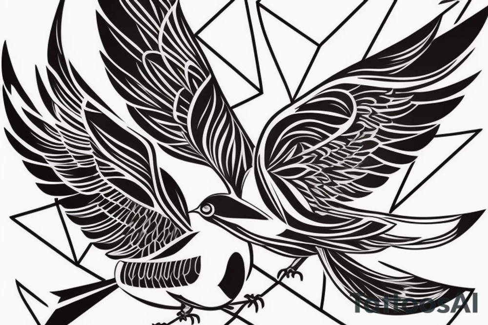 sketch geometric abstract style robin bird mid-flight with spread wings, dynamic, small amount of red accent tattoo idea