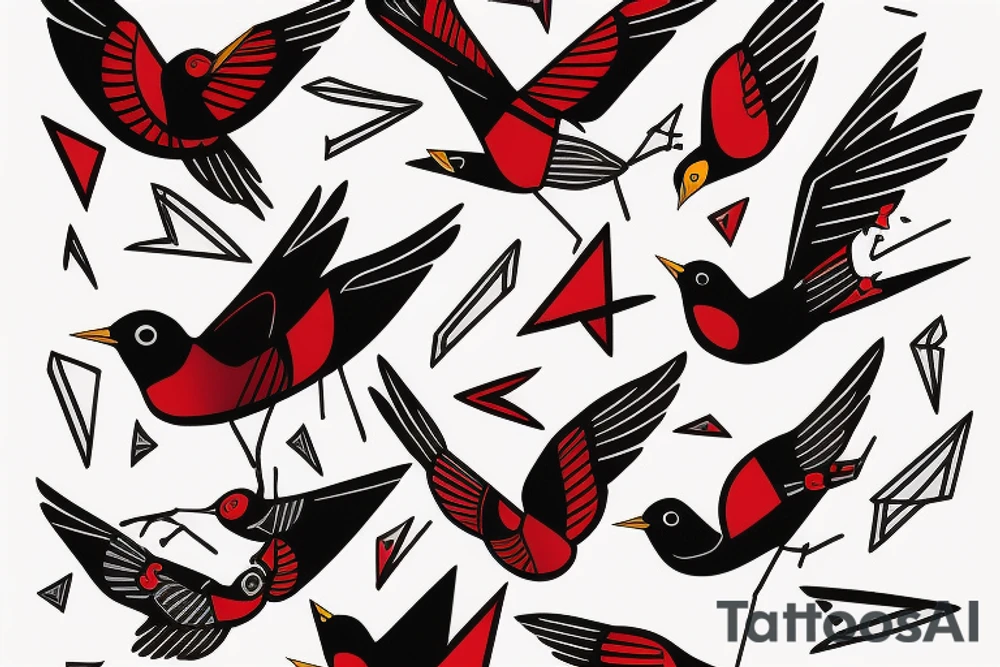 sketch geometric abstract style robin bird mid-flight with spread wings, dynamic, small amount of red accent tattoo idea