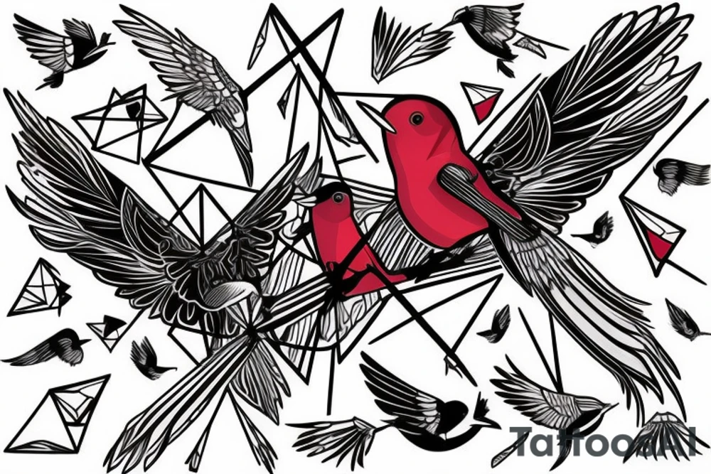 sketch geometric abstract style robin bird mid-flight with spread wings, dynamic, small amount of red accent tattoo idea