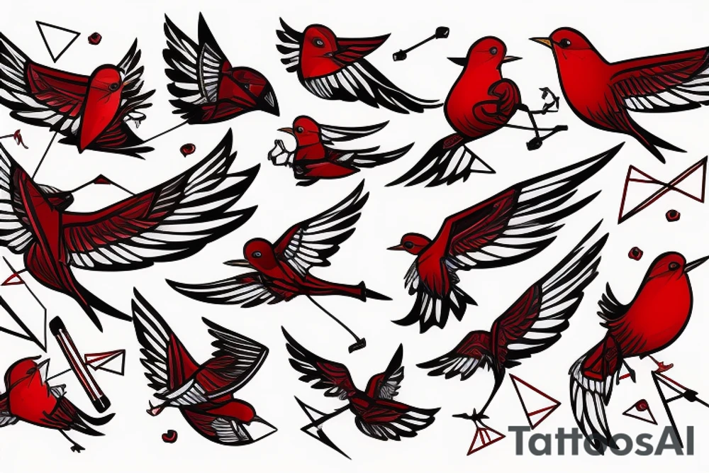 sketch geometric abstract style robin bird mid-flight with spread wings, dynamic, small amount of red accent tattoo idea