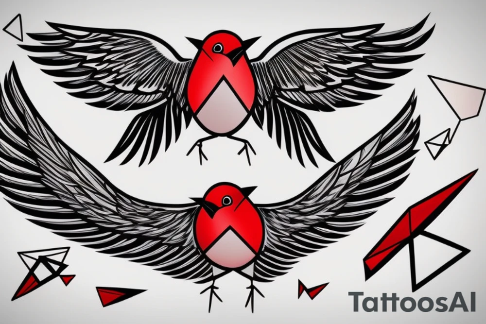 sketch geometric abstract style robin bird mid-flight with spread wings, dynamic, small amount of red accent tattoo idea