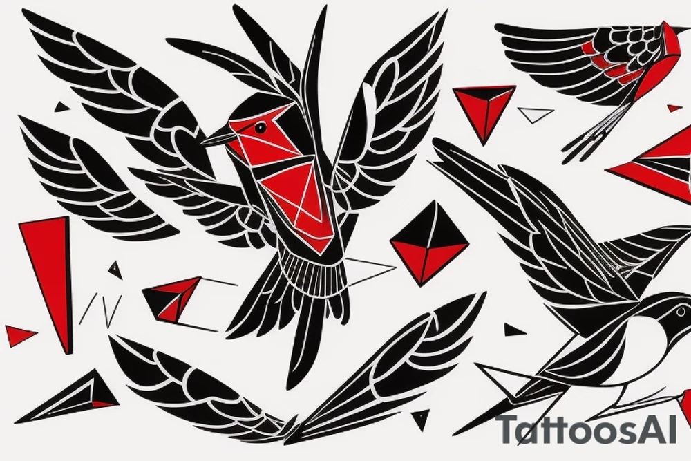 sketch geometric abstract style robin bird mid-flight with spread wings, dynamic, small amount of red accent tattoo idea