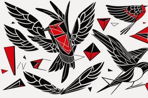 sketch geometric abstract style robin bird mid-flight with spread wings, dynamic, small amount of red accent tattoo idea